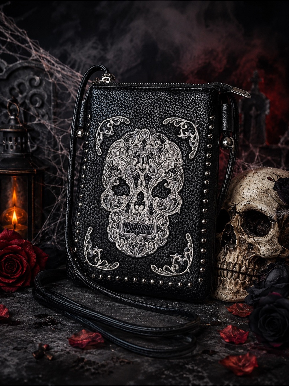 American Bling Sugar Skull Studded Crossbody Bag Gothic Western Boho Purse